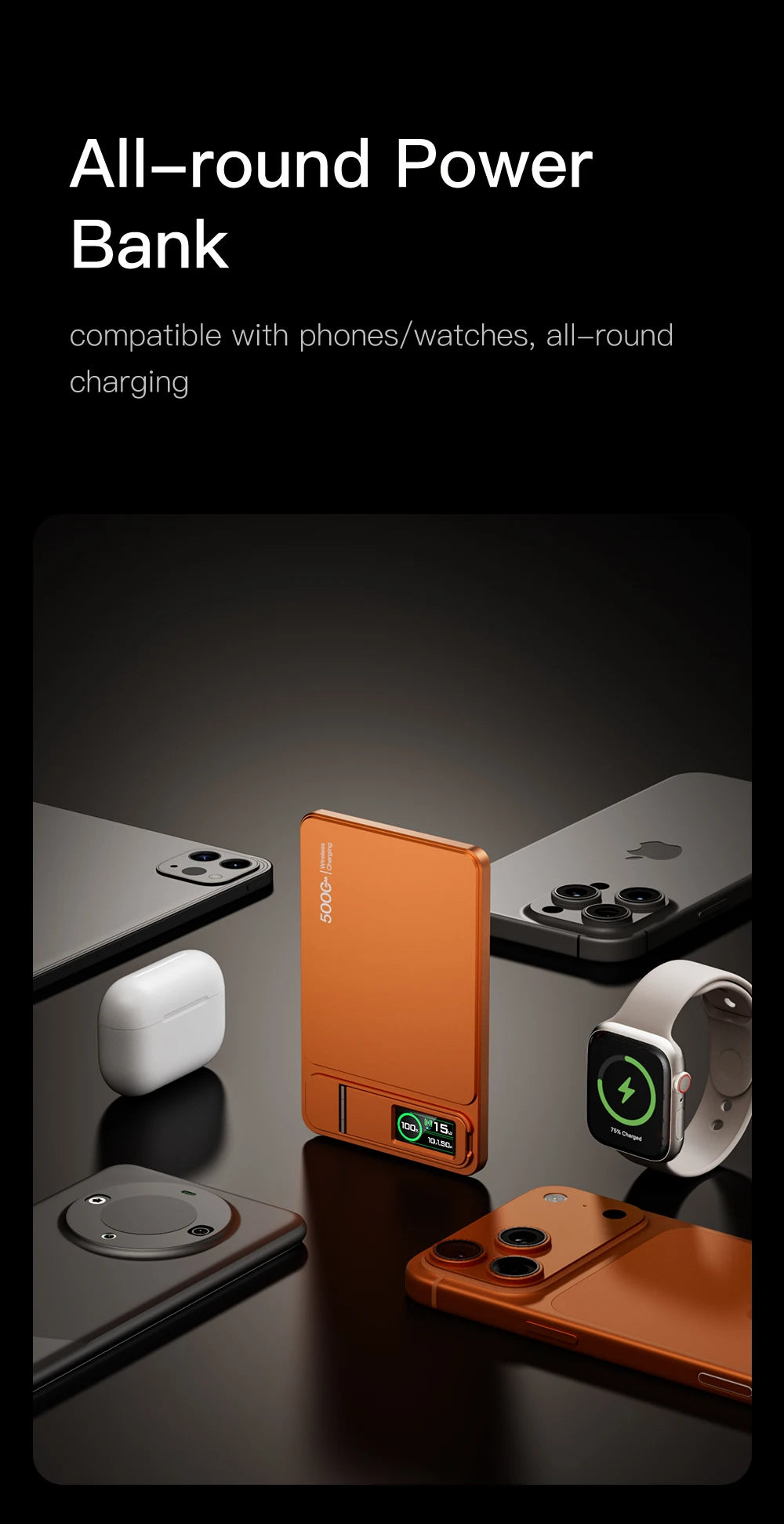10000mAh 3-in-1 Magnetic Power Bank, 20W Wireless Fast Charging with Smart TFT Display for iPhone 12–17 & Apple Watch