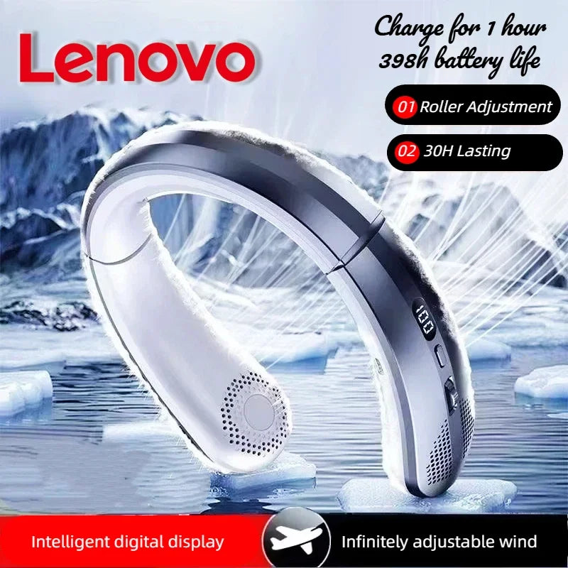 Lenovo 8000mah Hanging Neck Fan Portable Bladeless USB Rechargeable for Stress Free, Summer Travel Stay Cool, Feel Calm