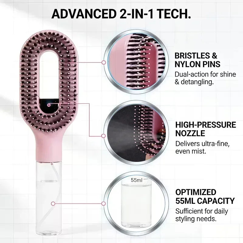 2-in-1 Travel Spray Hair Brush, Detangle, Refresh & Hydrate Your Hair Anywhere