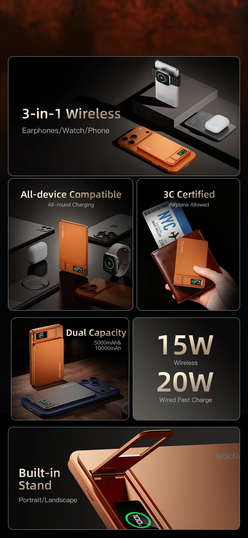 10000mAh 3-in-1 Magnetic Power Bank, 20W Wireless Fast Charging with Smart TFT Display for iPhone 12–17 & Apple Watch