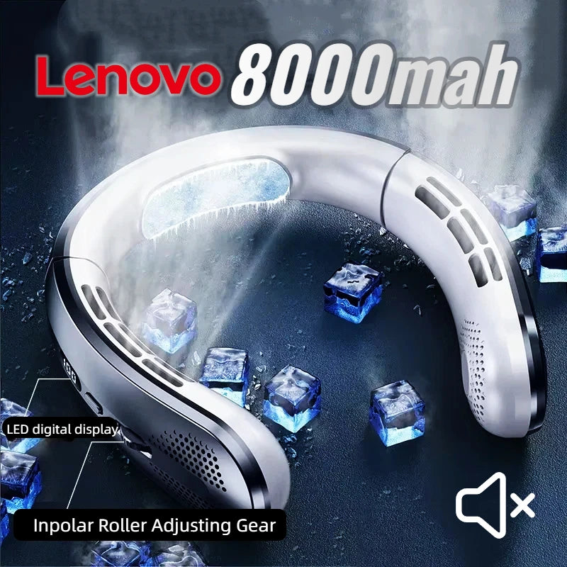 Lenovo 8000mah Hanging Neck Fan Portable Bladeless USB Rechargeable for Stress Free, Summer Travel Stay Cool, Feel Calm
